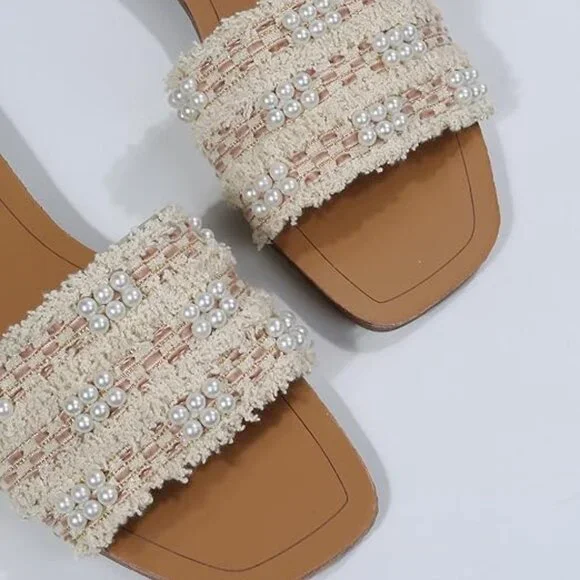 Women's faux pearls decor flat sandals